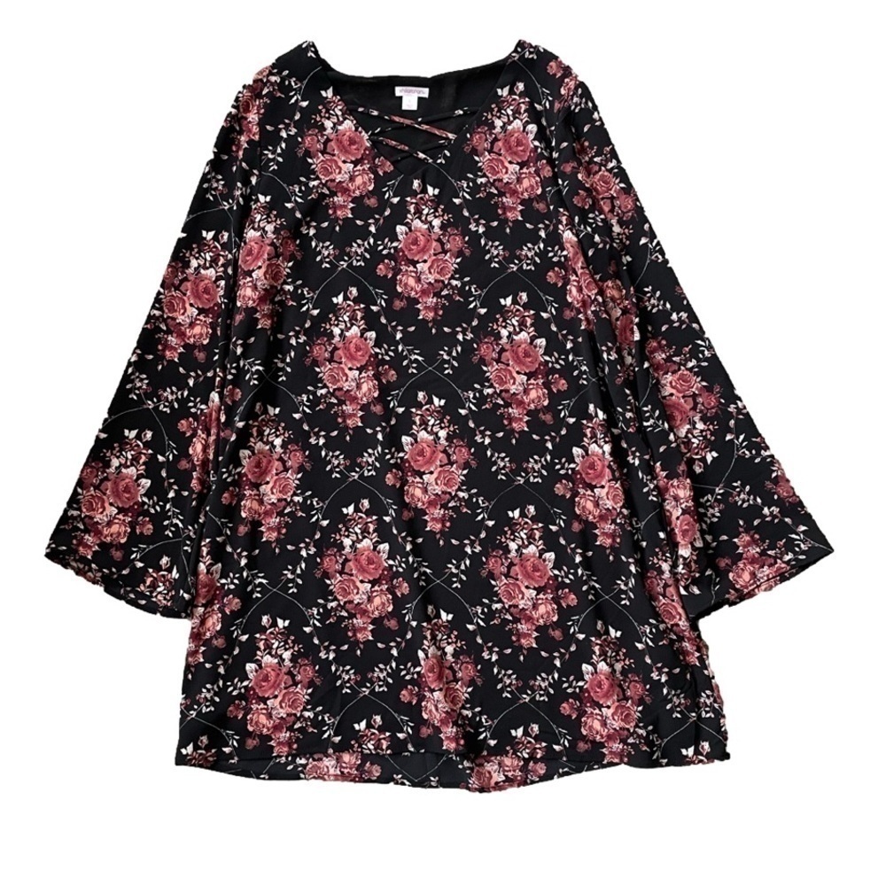 XHILARATION Black and Dusty Rose Floral Bell Sleeve Dress